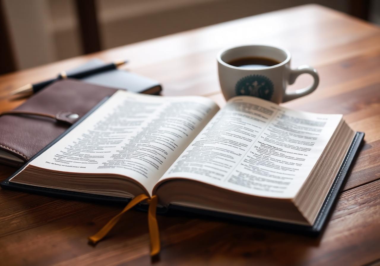 Open Bible beside a notebook and a cup of coffee